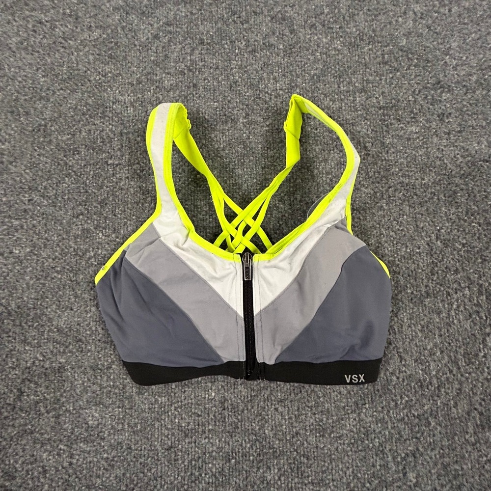 VSX Sports Bra Womens Size 32C Gray Neon Yellow Zip Front Strappy Back Athletic